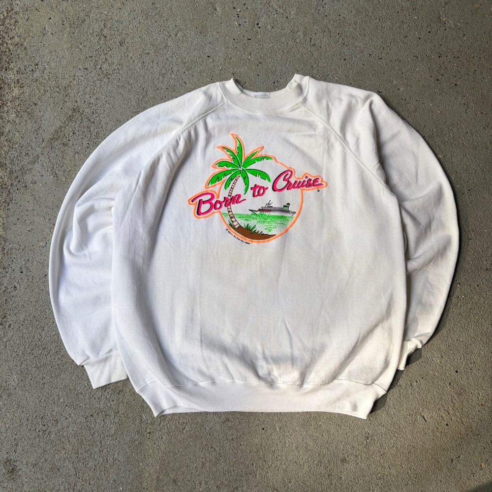 Vintage 1989 Hanes Born to Cruise Neon Puff Print Sweatshirt White XL USA Made